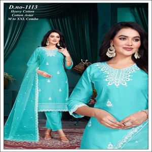 Sky Blue Cotton Embroidered Kurti Set