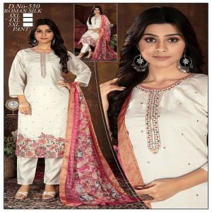 White Printed Roman Silk Kurti Pant Set