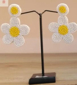 Women White and Yellow Flower Beaded Earrings