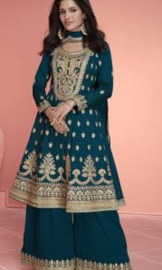 Women Prussian Blue Embroidered Palazzo Suit