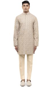 Mens Beige Silk Geometric Dori Embroidered Kurta Set