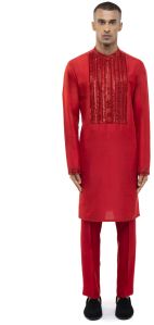Mens Red Silk Geometric Lines Embellished Kurta Set