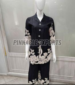 Ladies Black Floral Rayon Printed Cord Set