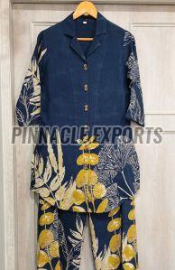 Ladies Blue Floral Rayon Printed Cord Set