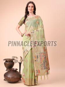 Ladies Green Printed Linen Cotton Saree
