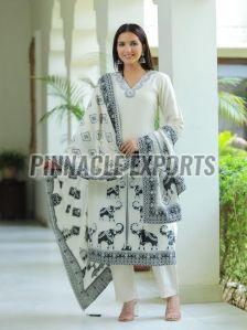 Ladies Navy Blue and White Viscose Santoon Elephant Printed Suit Set