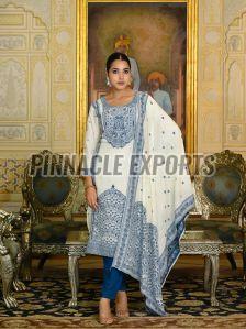 Ladies Navy Blue And White Viscose Santoon Printed Suit Set