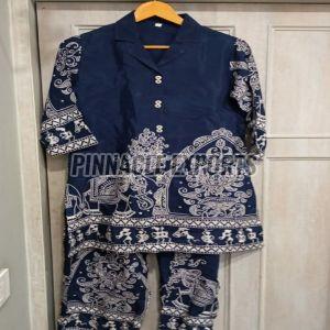 Ladies Navy Blue Printed Rayon Cord Set