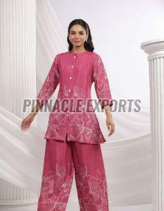 Ladies Pink Floral Rayon Printed Cord Set