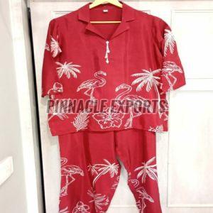 Ladies Pink Rayon Printed Cord Set