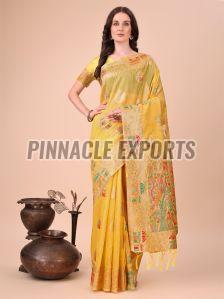 Ladies Yellow Printed Linen Cotton Saree