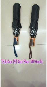23 Inches Three Fold Auto Black Silver Fancy Handle Umbrella