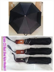 23 Inches Three Fold Auto Black Silver Nylon Wooden Handle Umbrella
