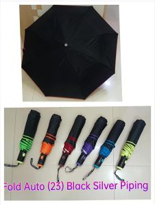 23 Inches Three Fold Auto Black Silver Piping Umbrella