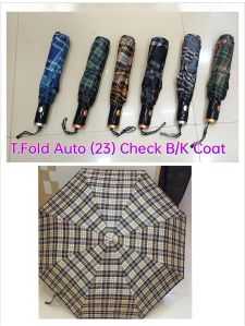 23 Inches Three Fold Auto Check Black Coated Umbrella