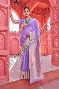 Ladies Cotton Linen Printed Purple Saree