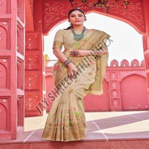 Ladies Cream Floral Print Linen Cotton Saree