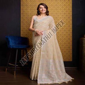 Ladies Cream Lightweight Soft Printed Cotton Saree