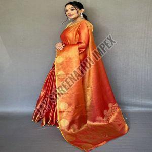 Ladies Designer Orange Organza Tissue Saree