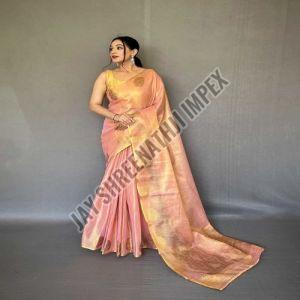 Ladies Designer Pink Organza Tissue Saree