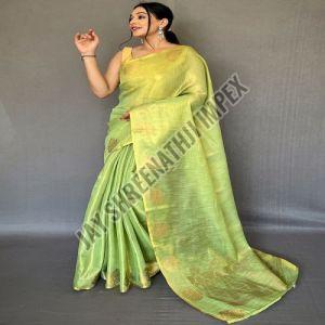 Ladies Designer Pista Green Organza Tissue Saree