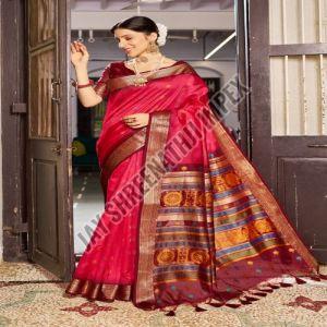 Ladies Designer Red And Maroon Printed Silk Saree