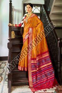 Ladies Designer Red And Yellow Printed  Silk Saree