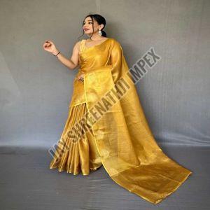 Ladies Designer Yellow Organza Tissue Saree
