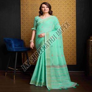 Ladies Sea Green Lightweight Soft Printed Cotton Saree
