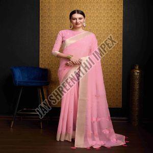 Ladies Light Pink Linen Cotton Saree