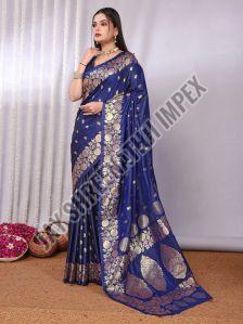 Ladies Navy Blue Banarasi Silk Saree