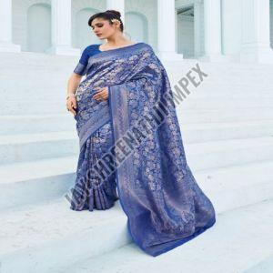 Ladies Party Wear Blue Printed Silk Saree