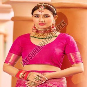 Ladies Party Wear Rani Pink Printed Silk Saree