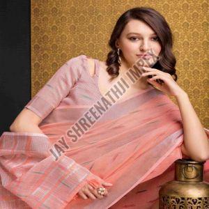 Ladies Peach Lightweight Printed Cotton Saree