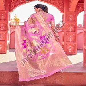 Ladies Pink Floral Print Linen Cotton Saree