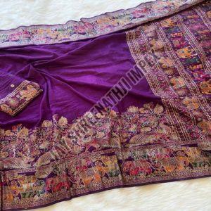 Ladies Purple Border Work Nylon Viscose Saree