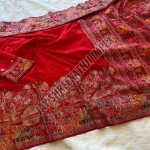 Ladies Red Border Work Nylon Viscose Saree