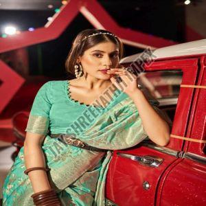 Ladies Sea Green Silk Printed Saree