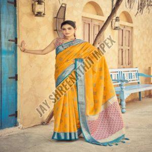 Ladies Stylish Yellow Printed Soft Silk Saree