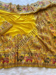 Ladies Yellow Border Work Nylon Viscose Saree
