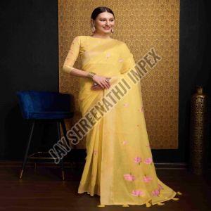 Ladies Yellow Linen Cotton Saree