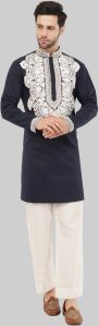Stylish Navy Blue Embroidery Kurta For Men