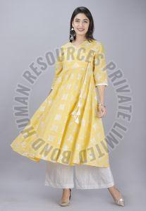Ladies Fancy Light Yellow And White Rayon Palazzo Suit Set