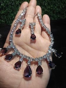 Pear Shaped Purple Stone Solitaire Diamond Necklace Set