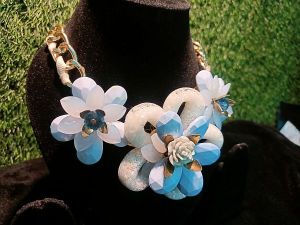 White and Sky Blue Flower Design Statement Necklace