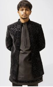 Mens Black Embroidered Indo-Western Sherwani
