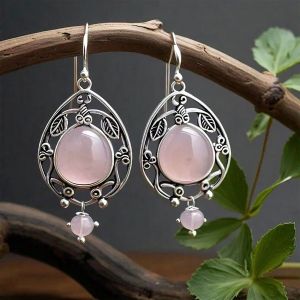 Minerva Pink Rose Quartz Drop & Dangle Leaf Earrings in Silver