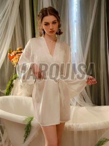 Woman\'s White Short Sleeve Belted Night Rob