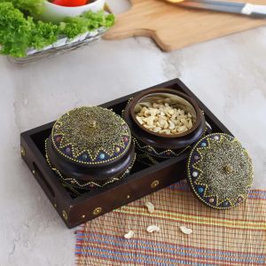 Handcrafted Wooden Dry Fruit & Spice Box with Wooden Bowls
