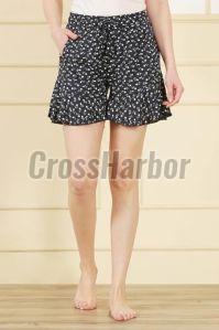 Ladies Black Floral Print Rayon Frill Shorts